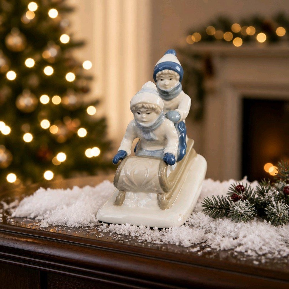 Porcelain Figurine Paul Sebastian Porcelana  Cuernavaca Children on Sled Vintage